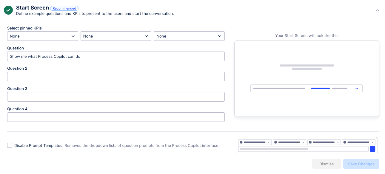 Screenshot showing the Start Screen section of the Process Copilot configuration with the default settings.