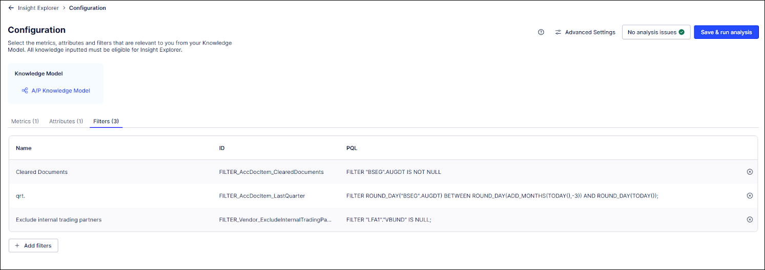 Screenshot of the Filters tab on the Configuration screen in Insight Explorer with filters added.