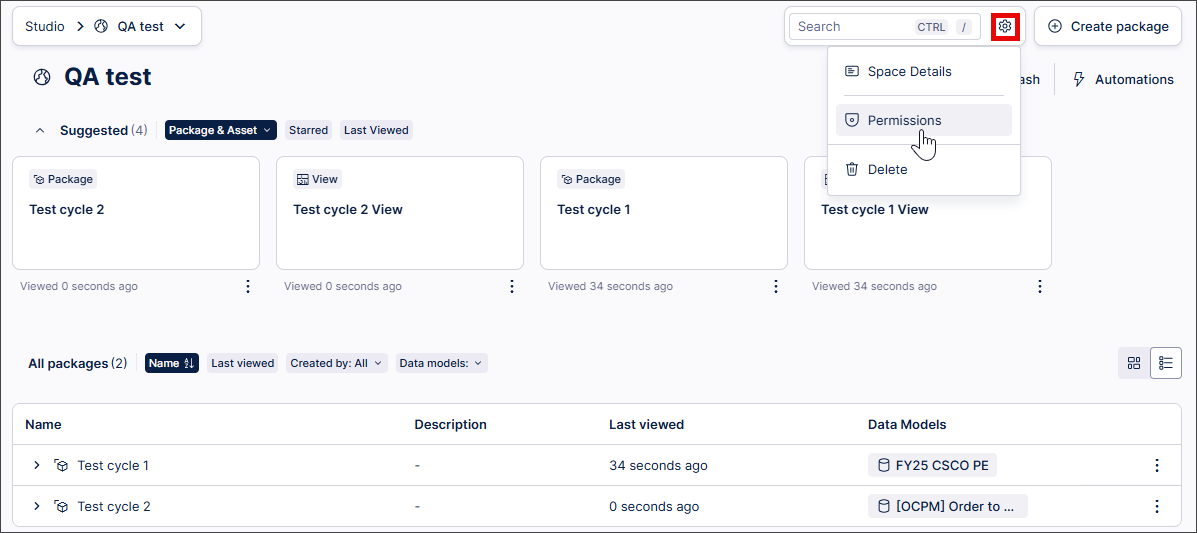 A screenshot showing how to manage package permissions in Studio.