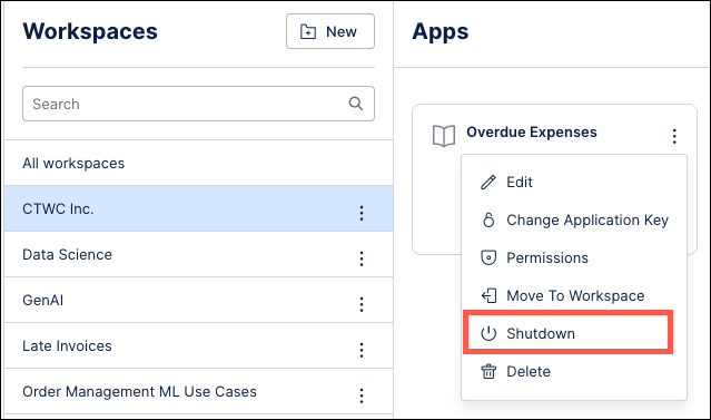 Screenshot showing the menu for an App with the Shutdown option highlighted.