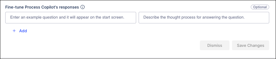 Screenshot showing the sample question and answer fields in the AI Instructions section of the Process Copilot configuraiton.