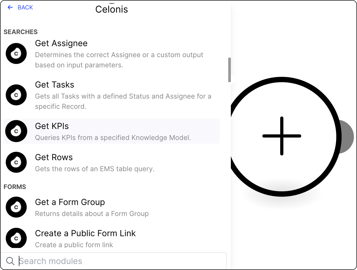 List of Action Flow modules with the Get KPIs module selected.