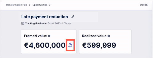 Screenshot of the details for an opportunity in Transformation Hub with the "edit framed value" icon highlighted.