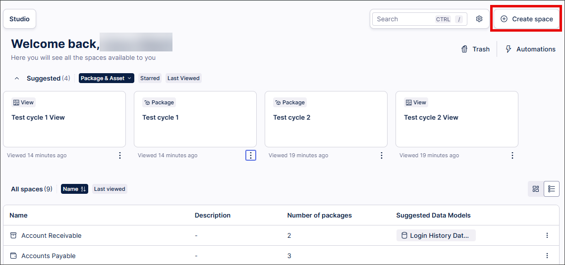 A screenshot showing how to create a space within Studio.