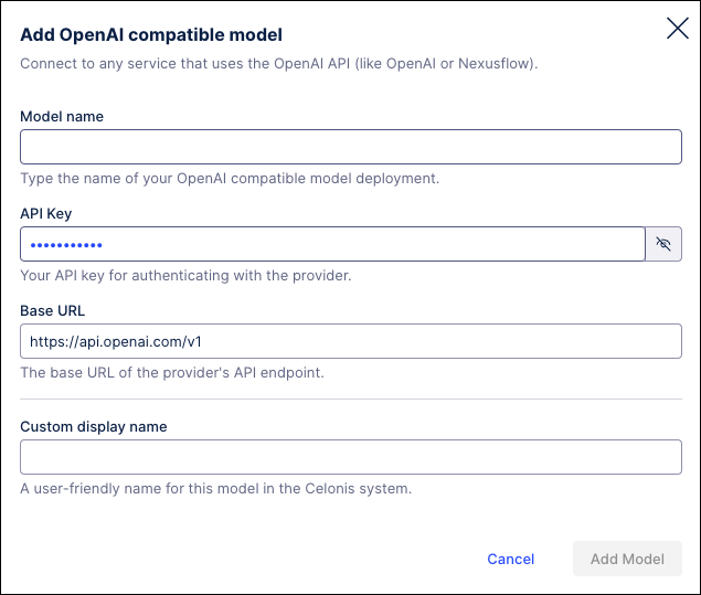 Screenshot of the Add OpenAI compatible model window used to configure an existing OpenAI API service for use in the Celonis Platform.