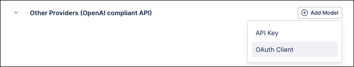 Screenshot showing the options in the Add Model dropdown on the AI Settings screen.