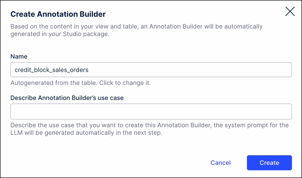 Screenshot showing the Create Annotation Builder window used to build an Annotation Builder from a Studio View table.
