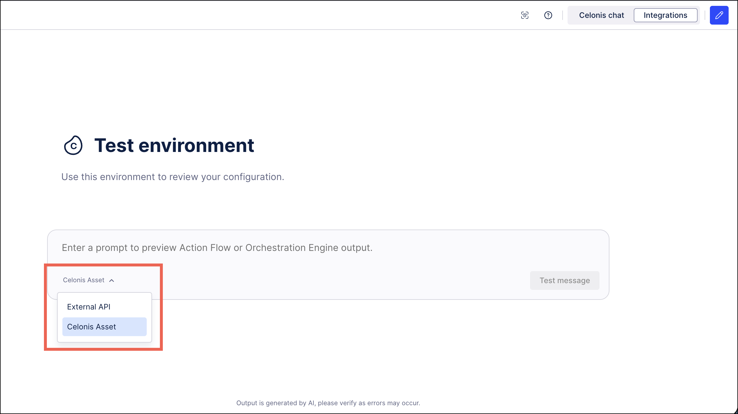 Screenshot of the Integrations panel for a Process Copilot with the testing environment dropdown highlighted.